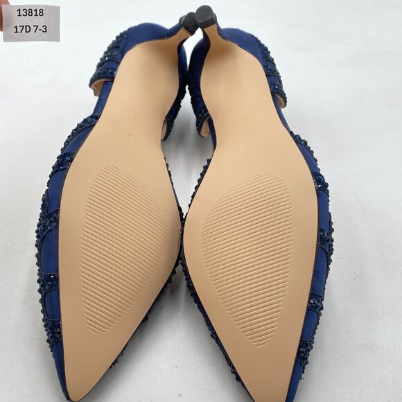 XYD Navy Pointed Toe D'Orsay Kitten Heel Rhinestone Studs Slip-On Satin Shoes - Picture 7 of 8